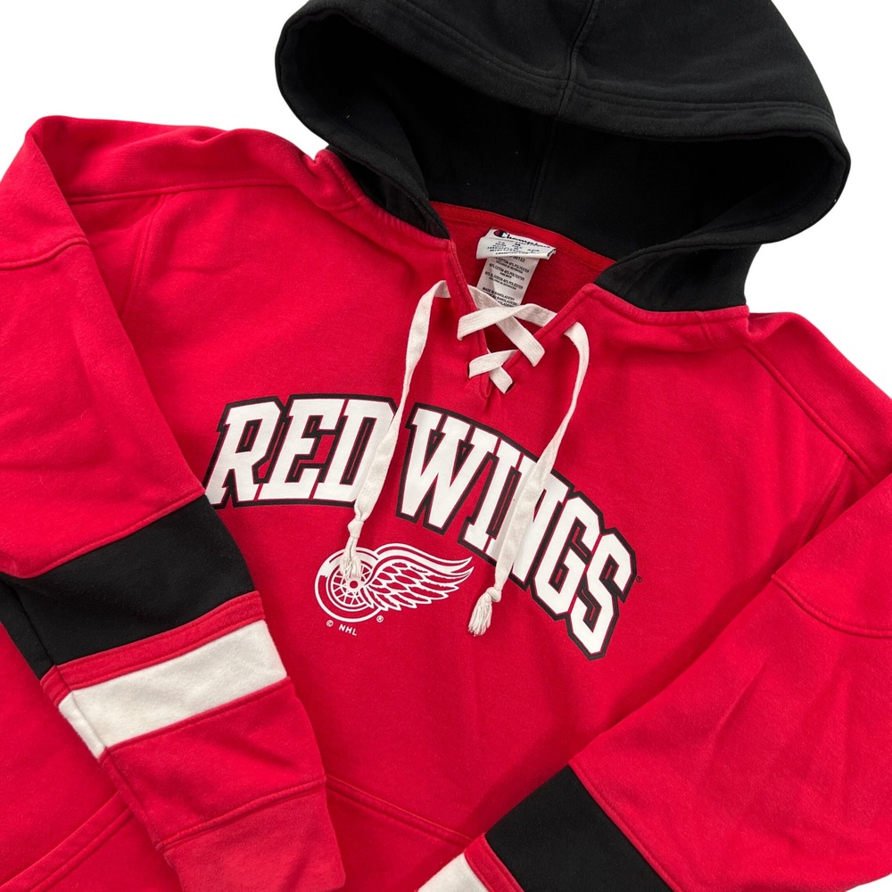 Champion Detroit Red Wings Hoodie Mens M Red Lace Up Hockey NHL Fan Pullover